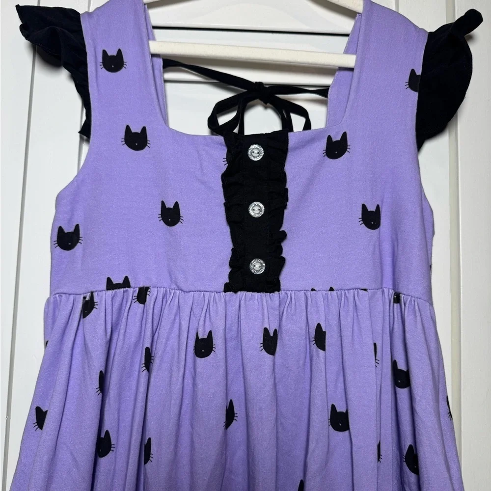 Madison Grace Kids Purple & Black Cat Pattern Ruffle Dress Size 12 - Picture 2 of 8